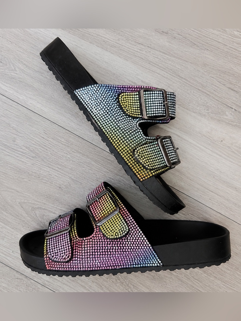 Steve Madden JWOWZ Sandals Girls Size 5 Black Multicolor Rhinestone Platform